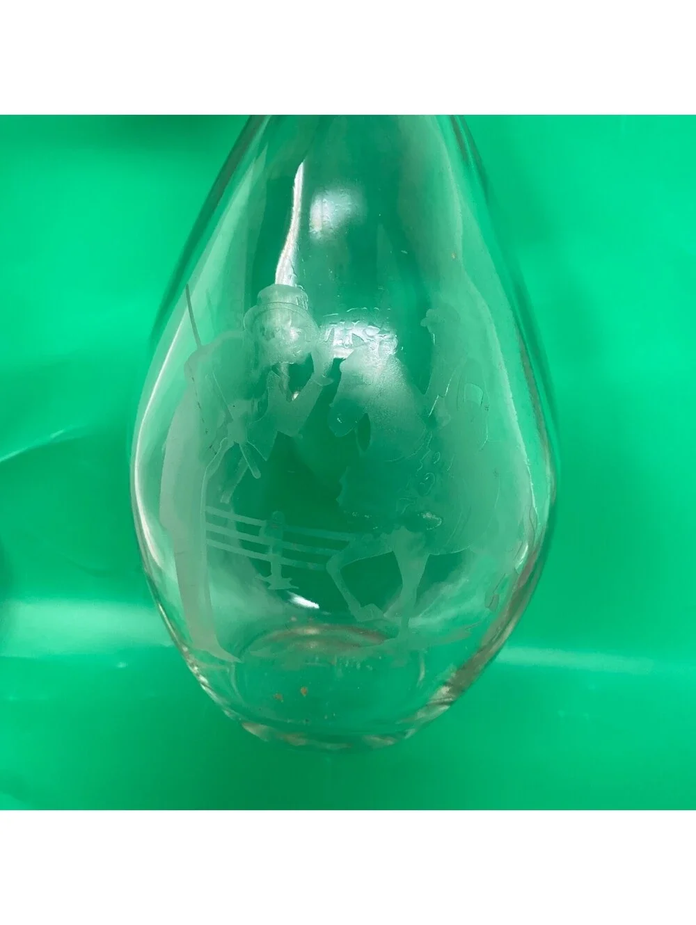 Vintage I.W. Harper Glass Decanter Bottle With Etched Couple Lady on Horse 9”